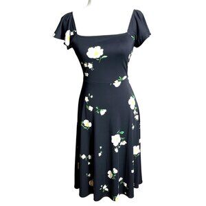 Banana Republic Dress A-line Midi Black Floral Whimsygoth Coquette Womens XS